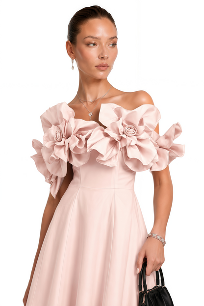 Juliette 3D Çiçek Detaylı Düşük Omuz Midi Elbise Pembe