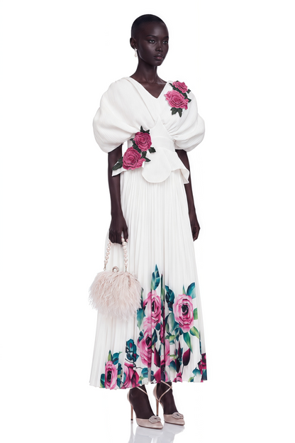 Pétale Gül Aplikeli Maxi Elbise Beyaz