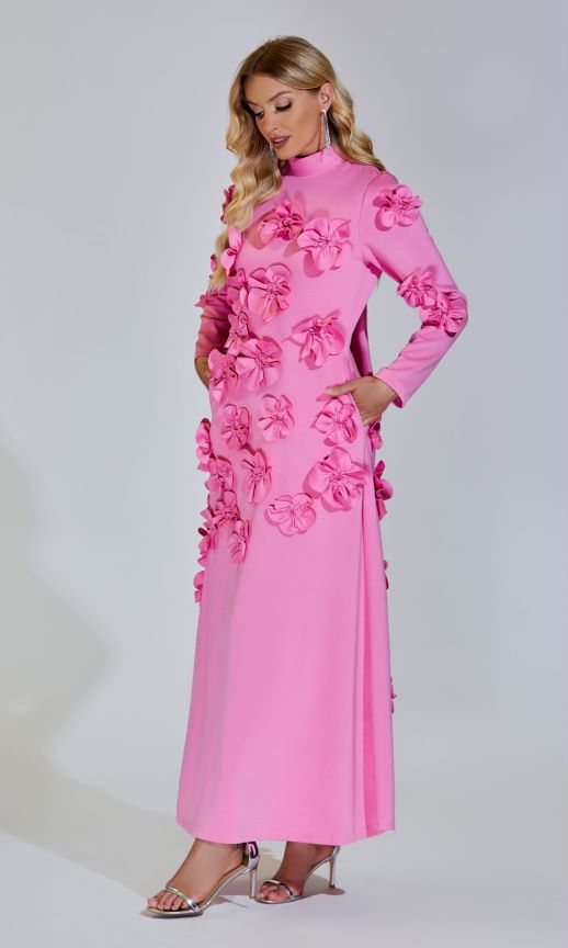Elva Pembe Uzun Kol Çiçekli Maxi Elbise