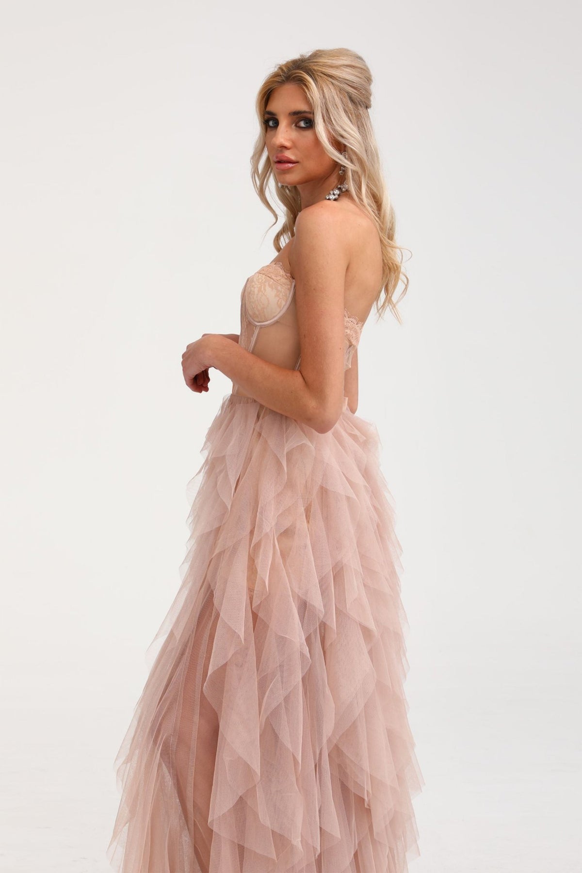 Eilís Büstiyer Detaylı Tül Maksi Elbise Pembe