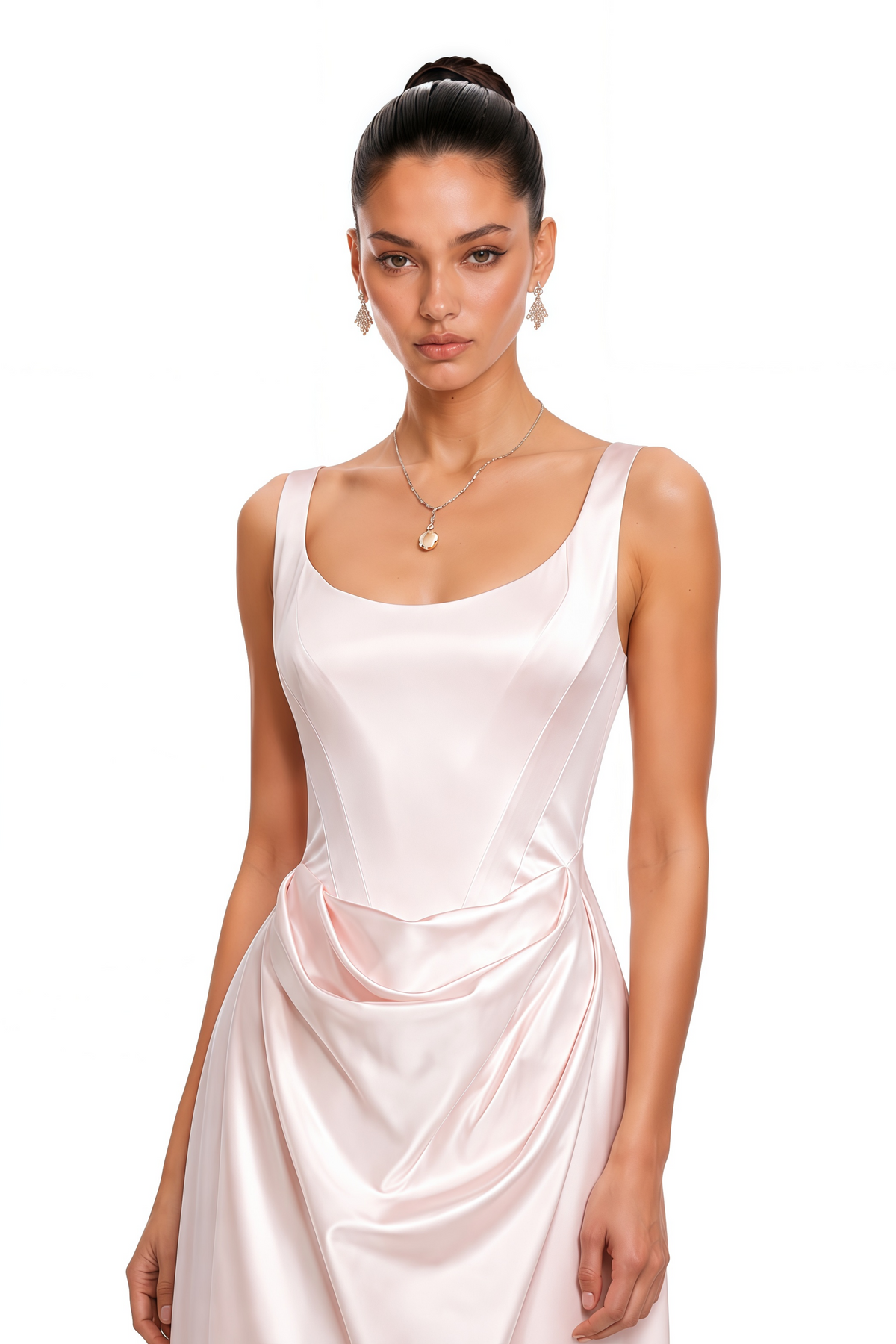 Fiona Kare Yaka Drape Detaylı Saten Maxi Elbise Pembe