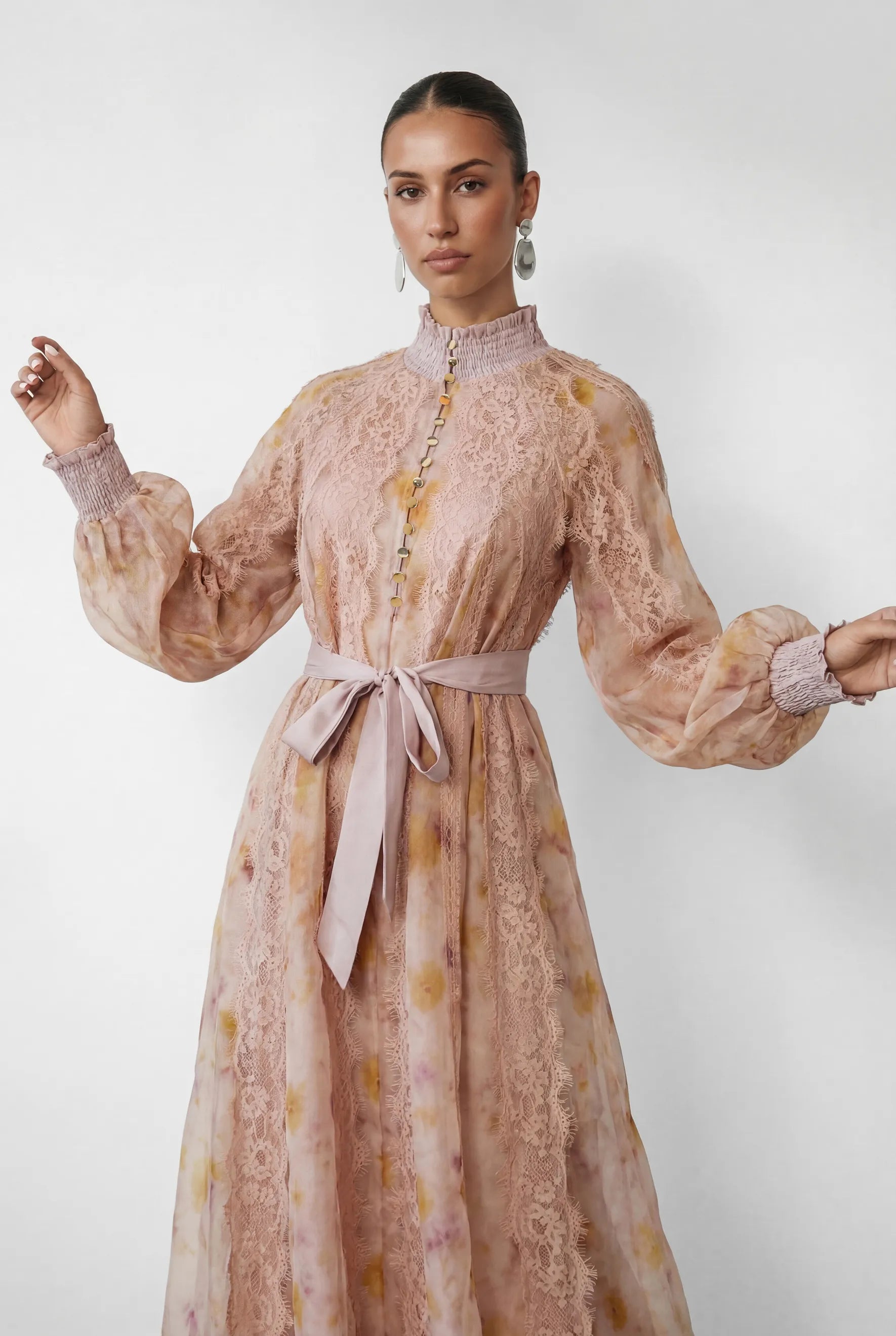 Love Pembe Baskılı Dantel Midi Elbise